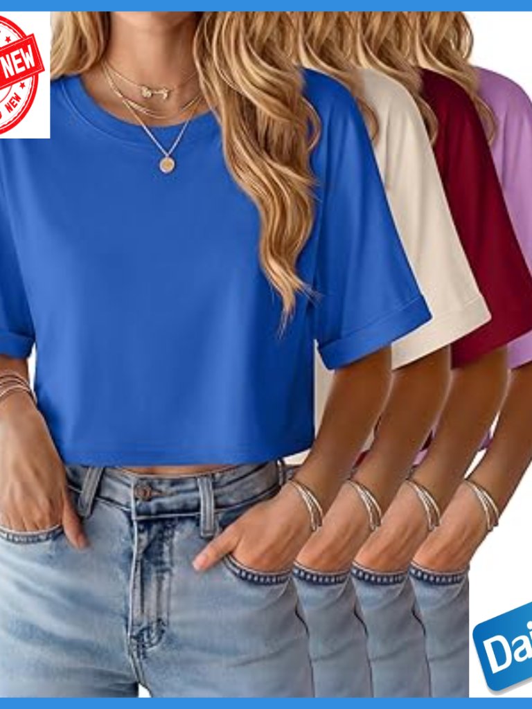 Oversized Crop Tops 4-Pack, Loose Fit Crew Neck Half Sleeve Tees, Cotton Blend